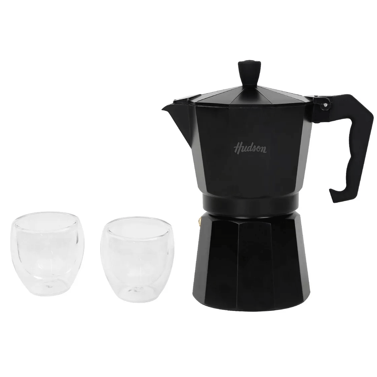 Set de Cafetera Italiana Esmaltado Negro con 2 Vasos Hudson CMSET02